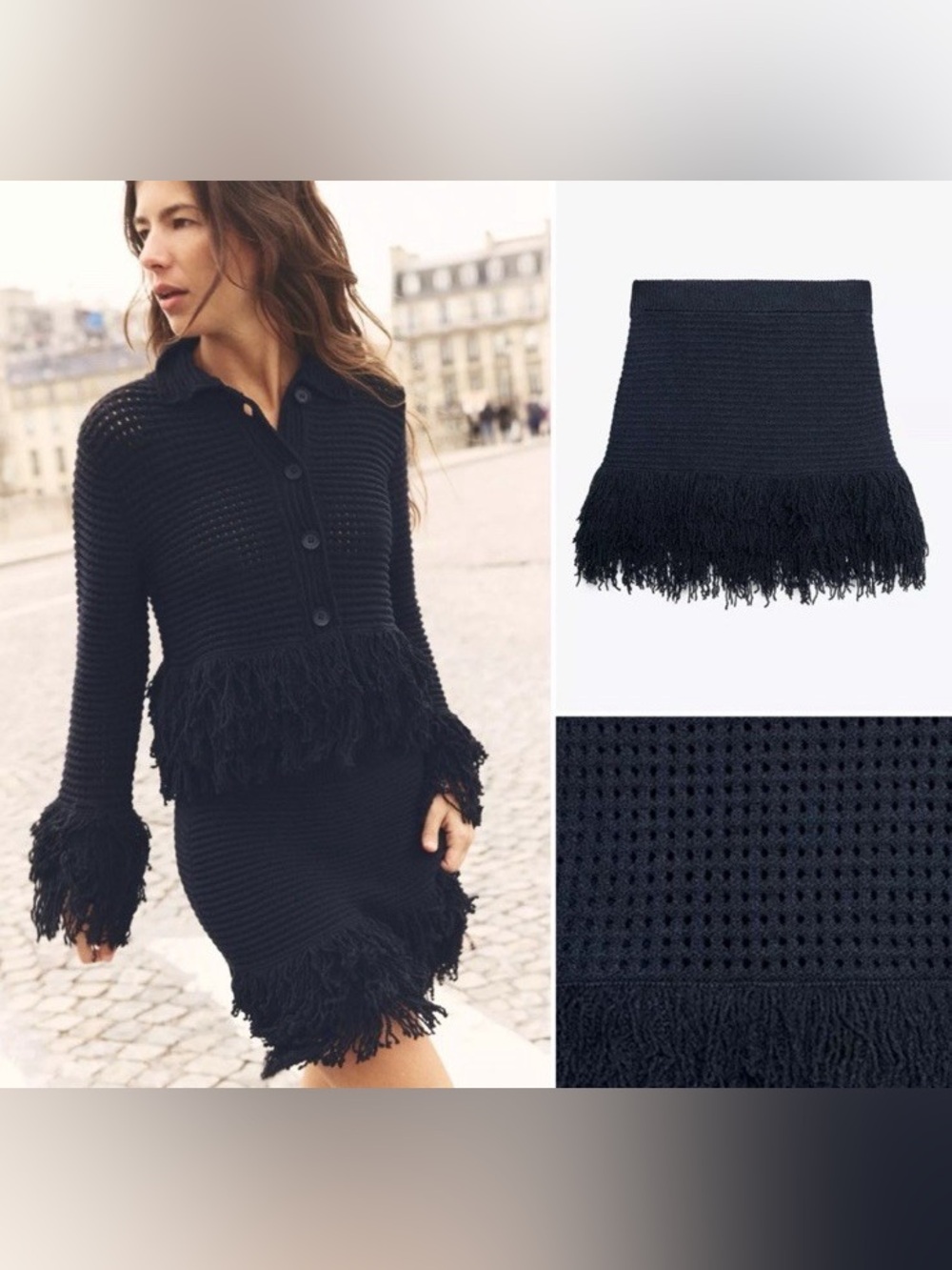 Zara Black Knit Mini Skirt with Fringe Hem